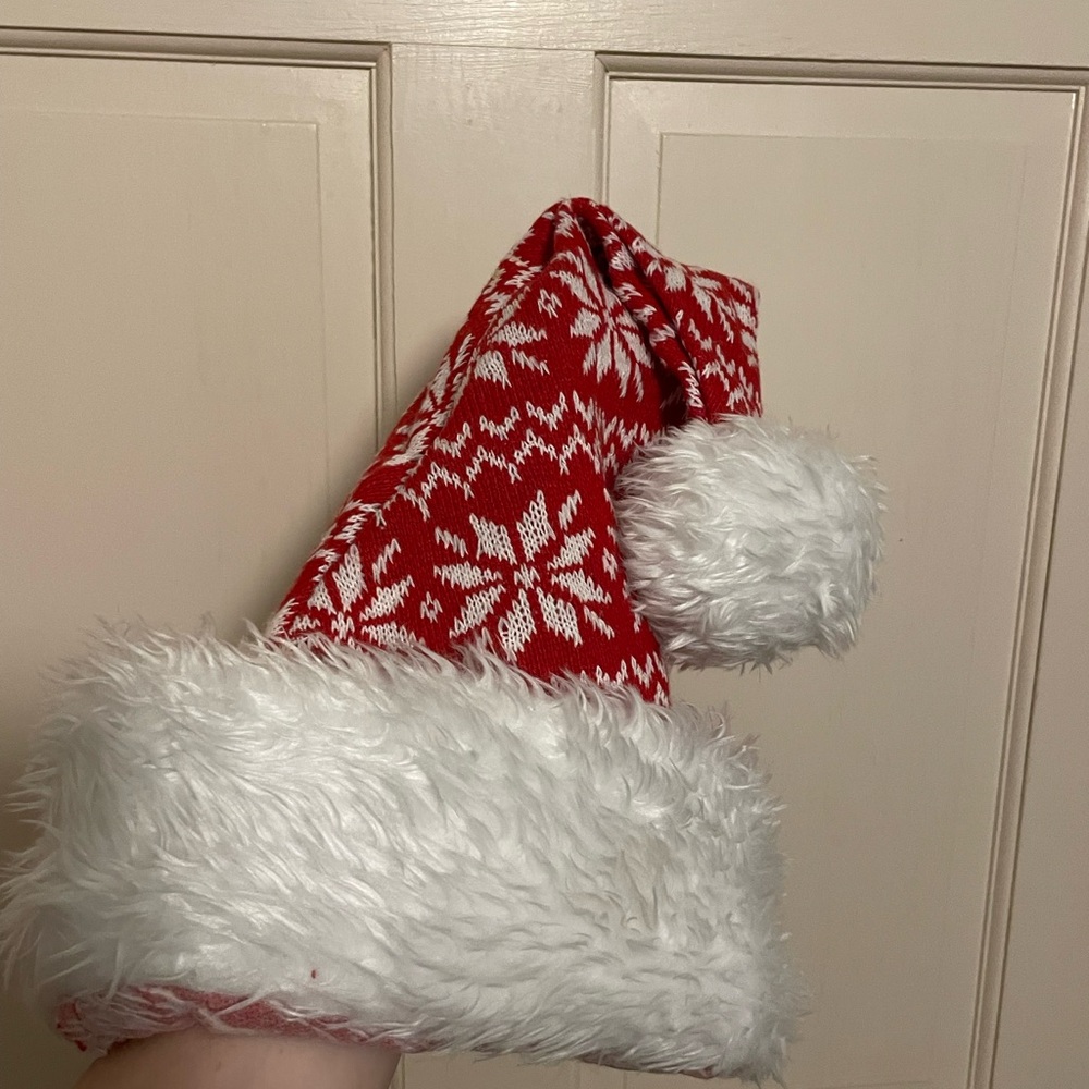 Red Snowflake Knit Santa Hat with White Faux Fur Trim
